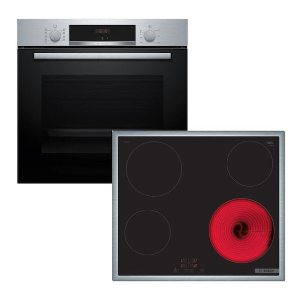 SET BOSCH BOSCH HBA534ES3 + PKE645BA2E Φούρνος άνω Πάγκου 71lt με Κεραμικές Εστίες Π59.4εκ. Inox - Image 1